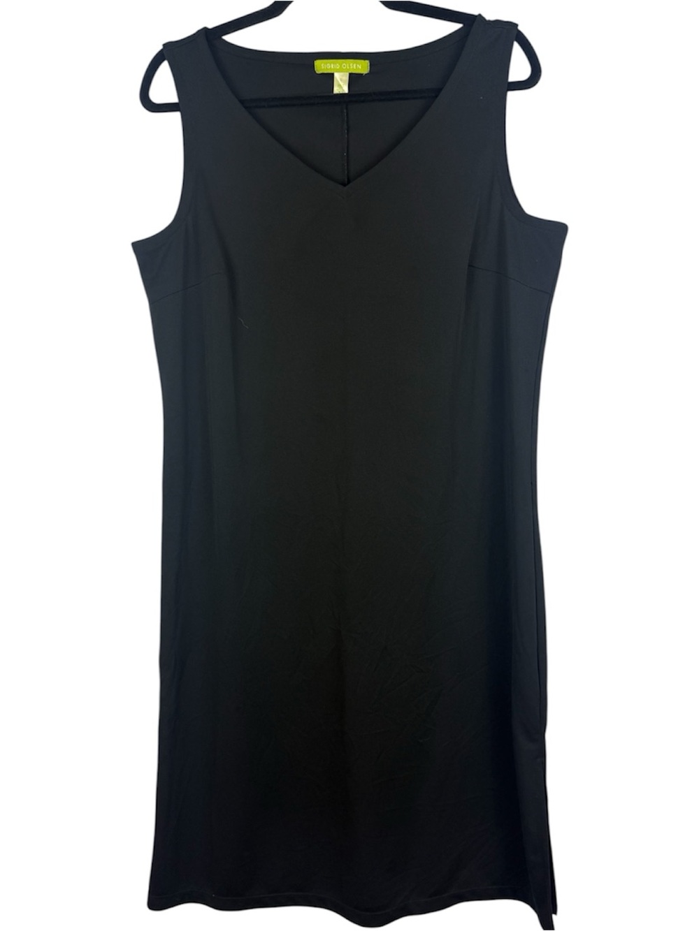 Sigrid Olsen Black V-Neck Sleeveless Shift Midi Dress Side Slit Size Large